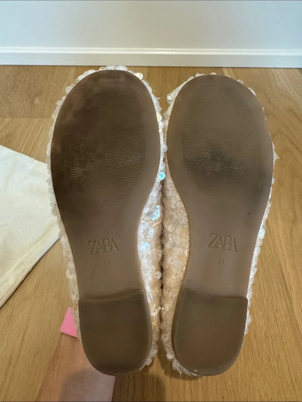 ZARA little Girls Blush Pink Sequin Tulle Pom Ballet Flats